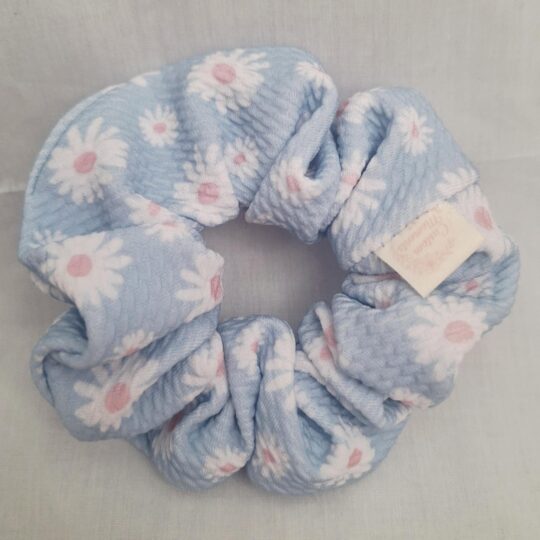 blue scrunchie with white flowers
