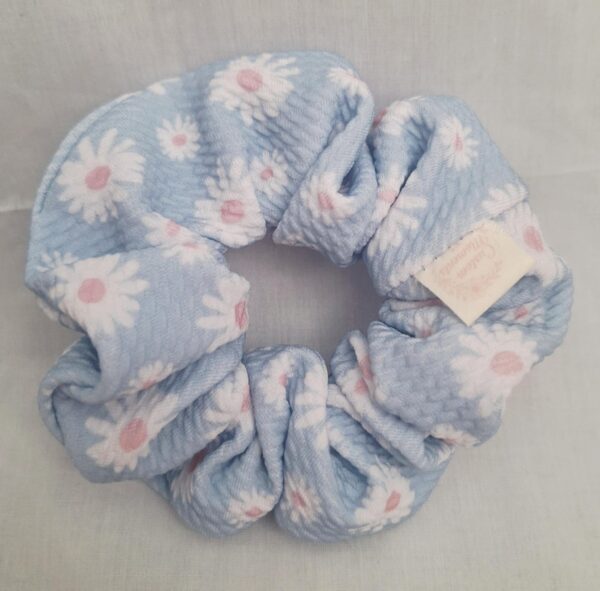 blue scrunchie with white flowers