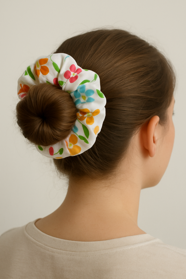 White scrunchie with multicoloured flowers - Image 4