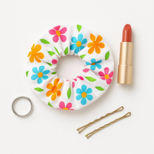 White scrunchie with multicoloured flowers
