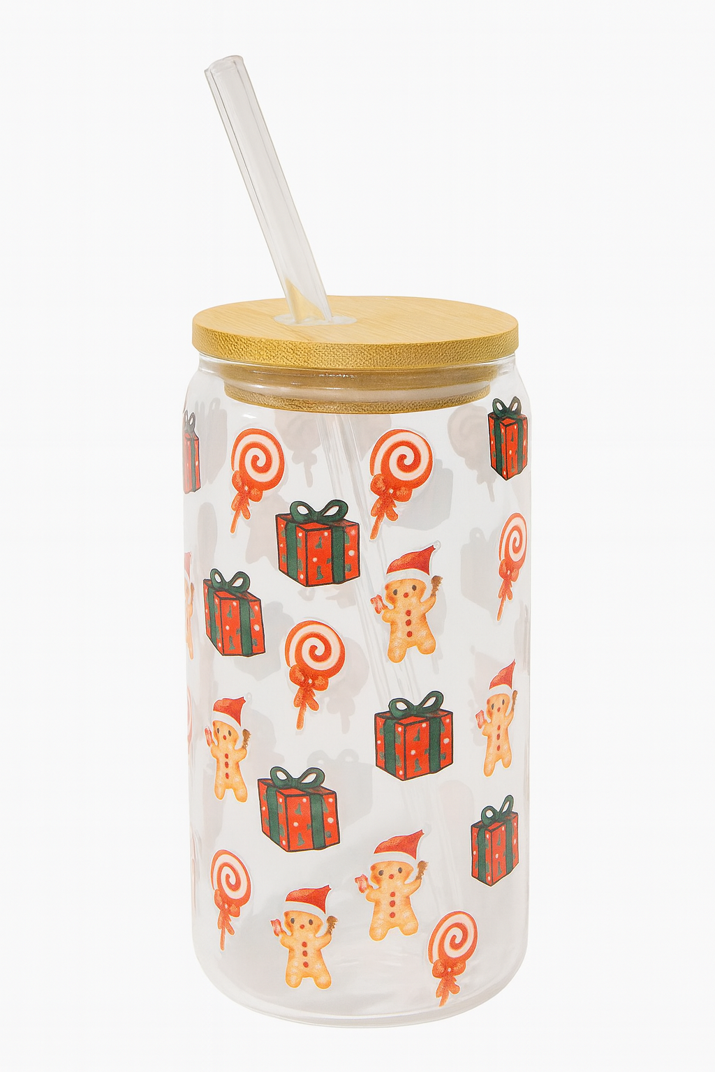 Christmas Glass Can with Bamboo Lid & Straw