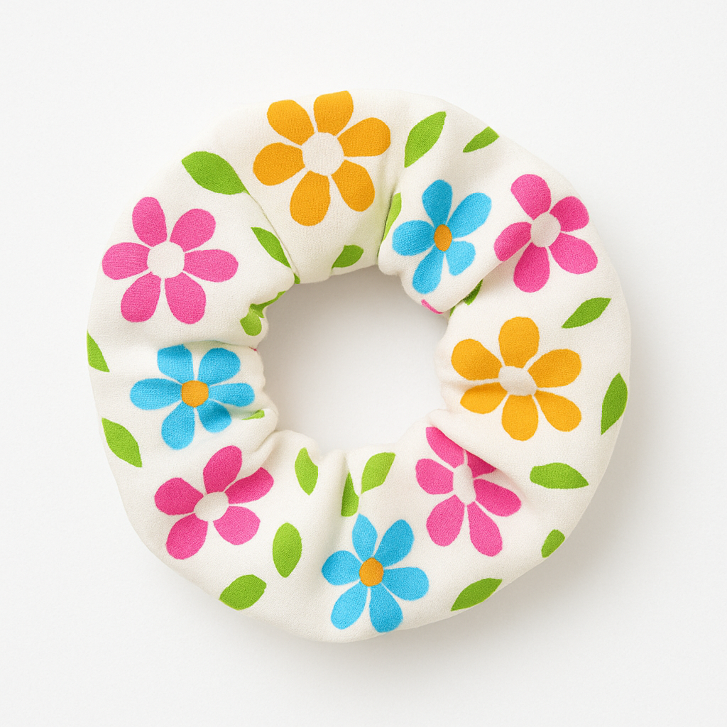 White scrunchie with multicoloured flowers