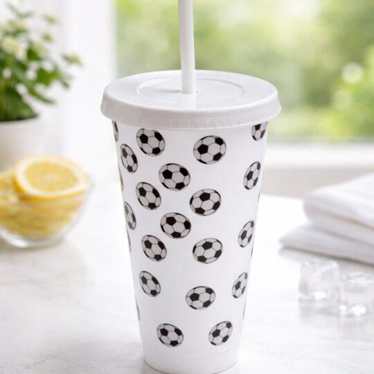 Football Print Reusable Cold Cup with Straw – Sports Tumbler for Drinks