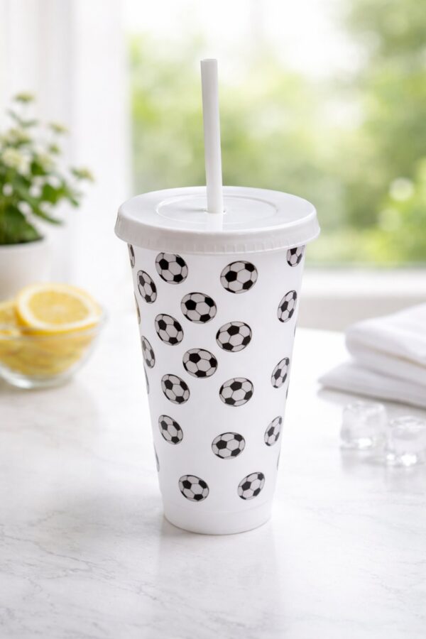 Football Print Reusable Cold Cup with Straw – Sports Tumbler for Drinks
