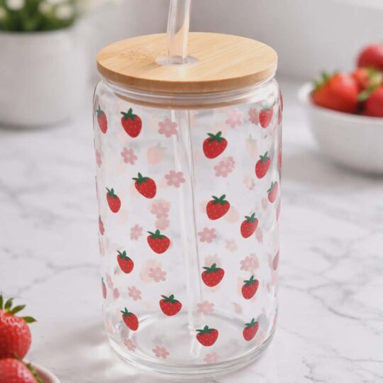 Strawberry Glass Tumbler with Bamboo Lid & Straw – Cute Floral Drink Cup, Aesthetic Iced Coffee Glass, Reusable Can Glass