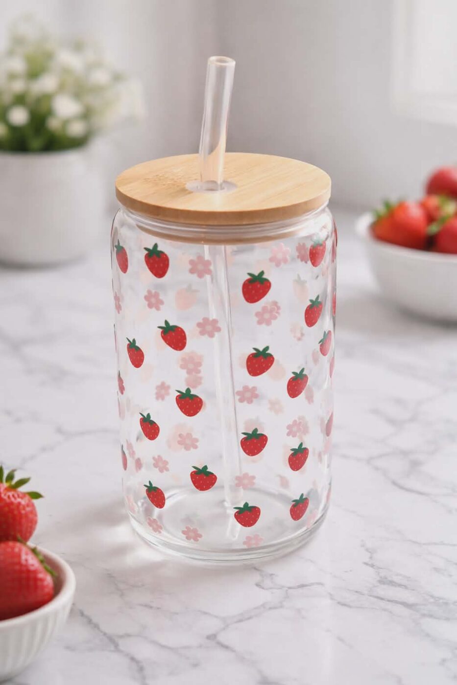 Strawberry Glass Tumbler with Bamboo Lid & Straw – Cute Floral Drink Cup, Aesthetic Iced Coffee Glass, Reusable Can Glass