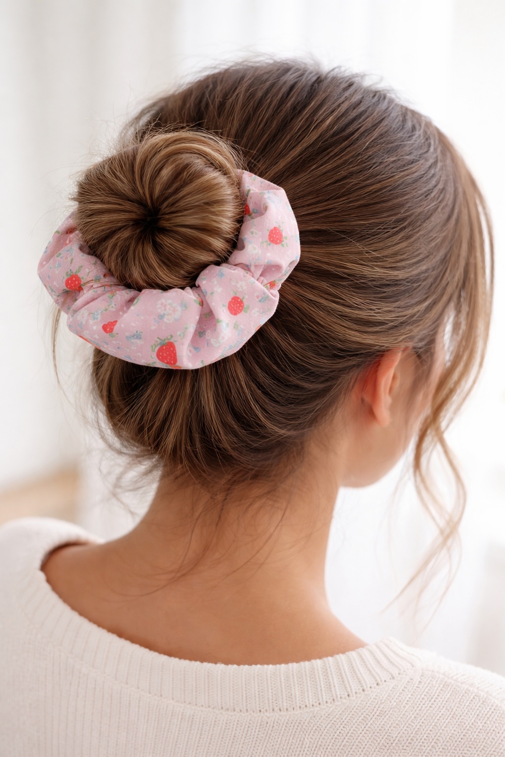 Cute Pink Strawberry Scrunchie – Soft Floral Hair Tie for Everyday Style - Image 2