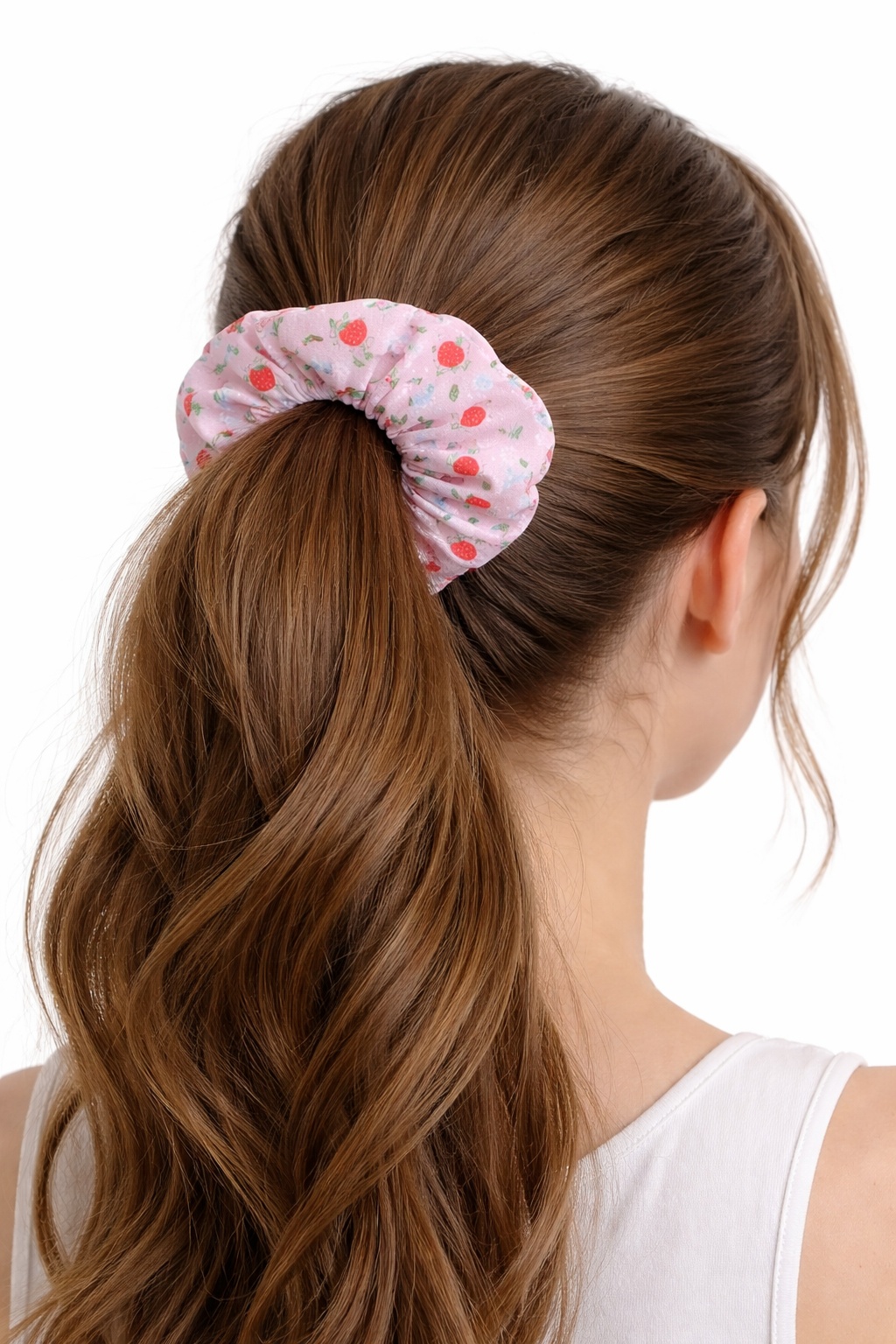 Cute Pink Strawberry Scrunchie – Soft Floral Hair Tie for Everyday Style - Image 4