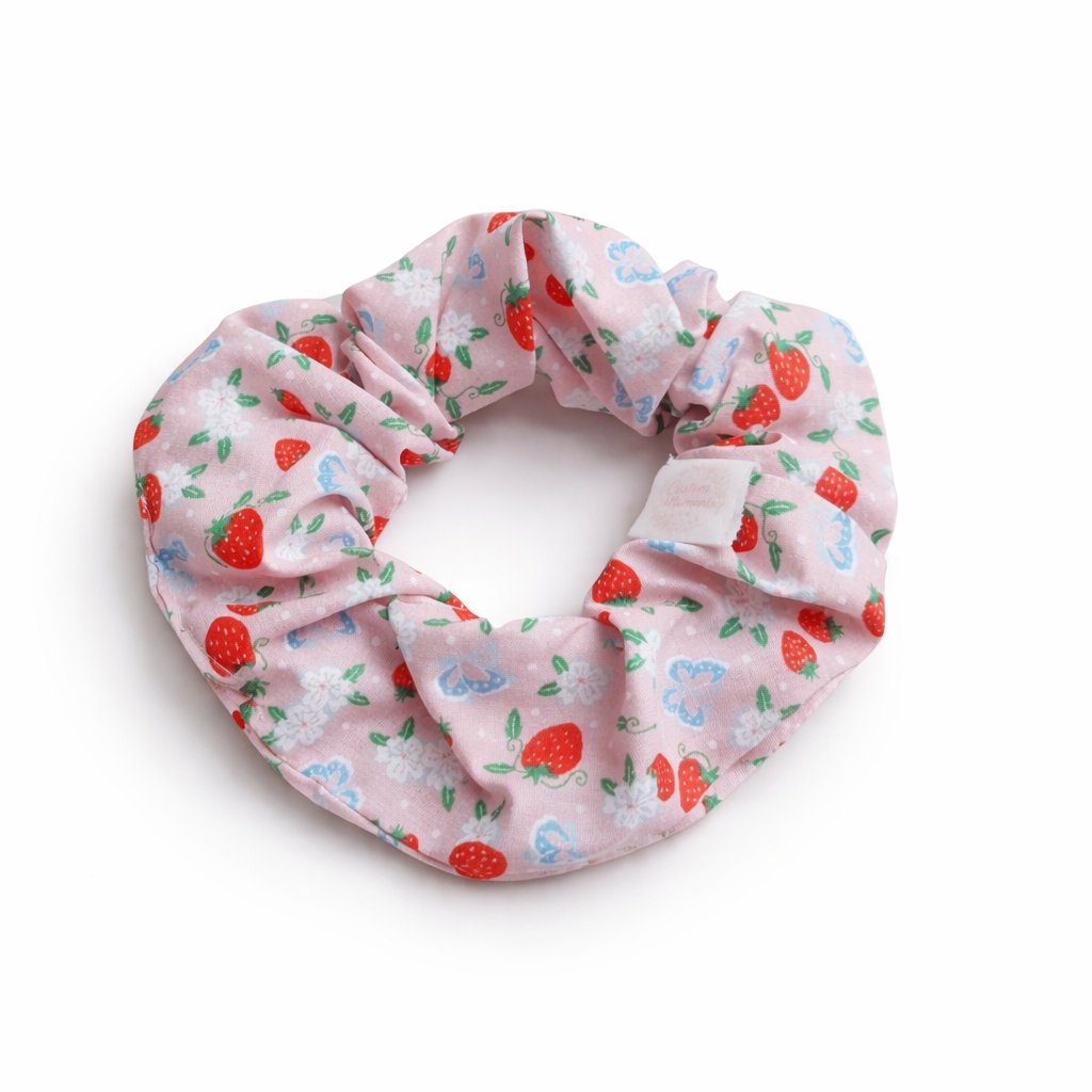 Cute Pink Strawberry Scrunchie – Soft Floral Hair Tie for Everyday Style