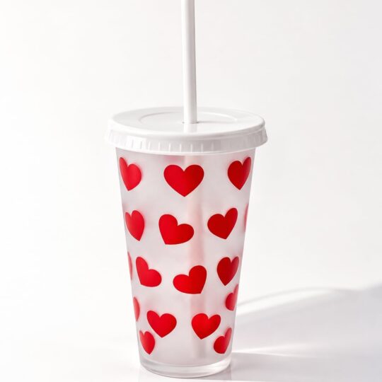 Heart Print Cold Cup with Straw