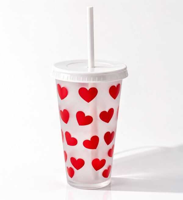 Heart Print Cold Cup with Straw