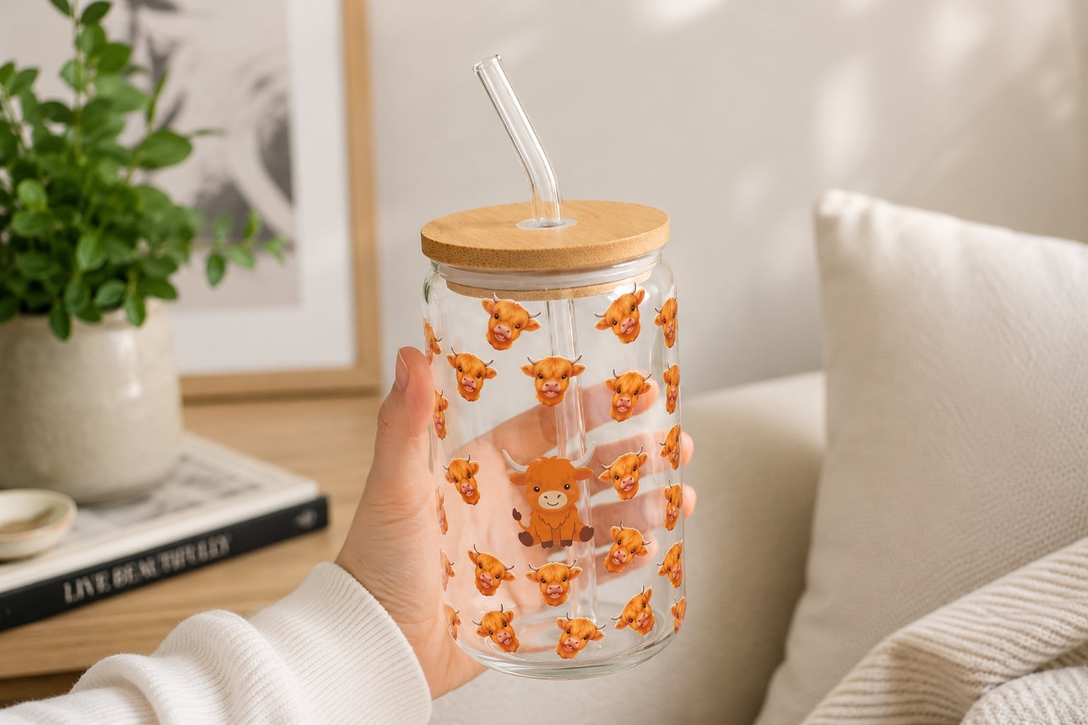 Highland Cow Beer Can Glass with Bamboo Lid & Glass Straw | Cute Cow Drinking Glass - Image 3