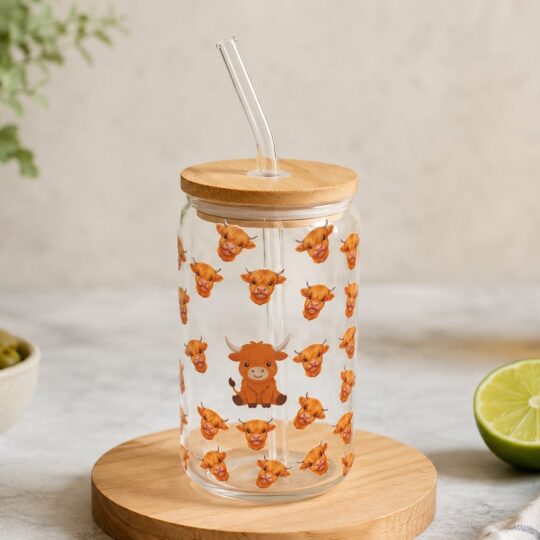 Highland Cow Beer Can Glass with Bamboo Lid & Glass Straw | Cute Cow Drinking Glass