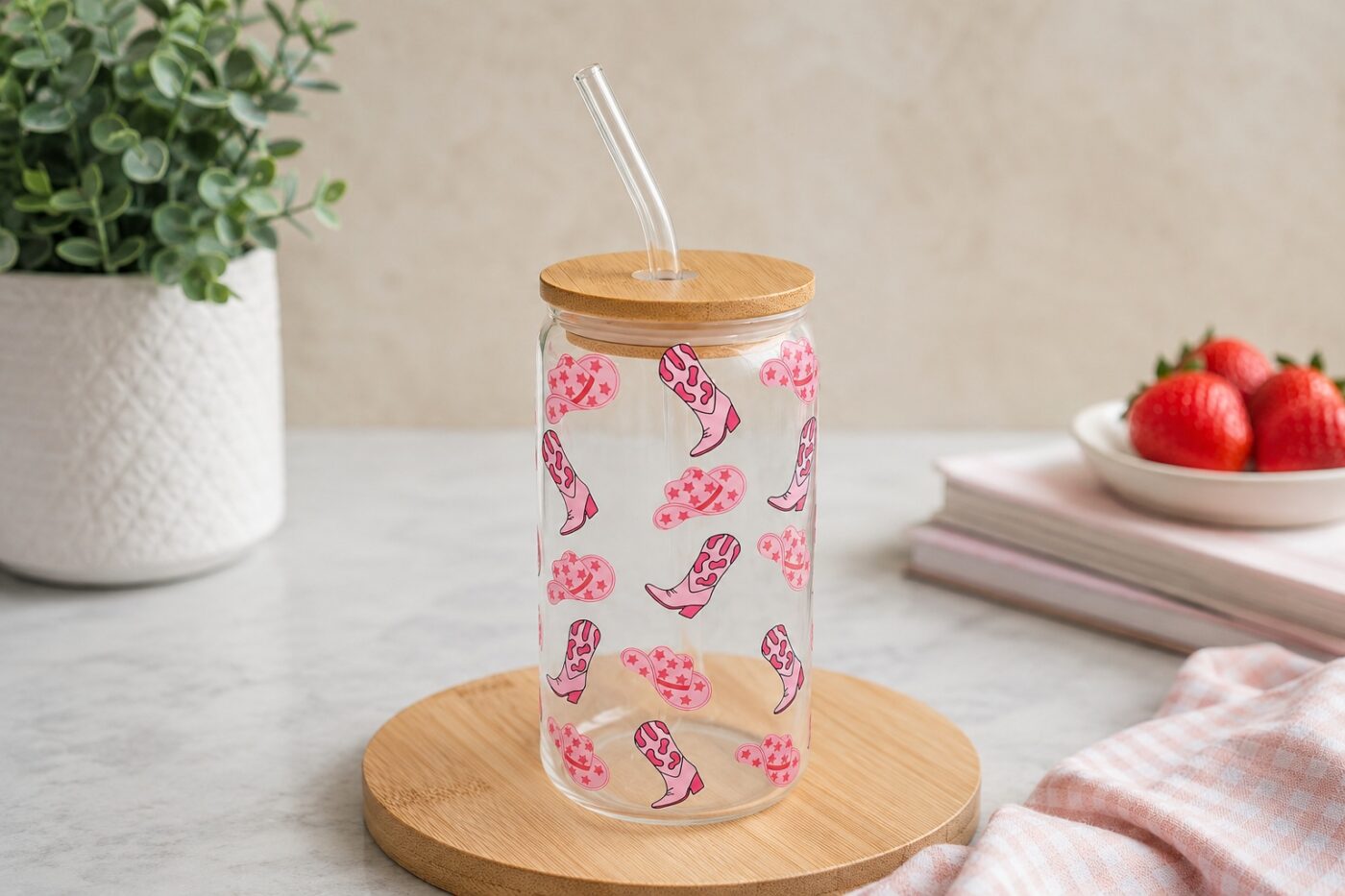 Pink Cowgirl Beer Can Glass with Bamboo Lid & Glass Straw | Western Aesthetic Tumbler