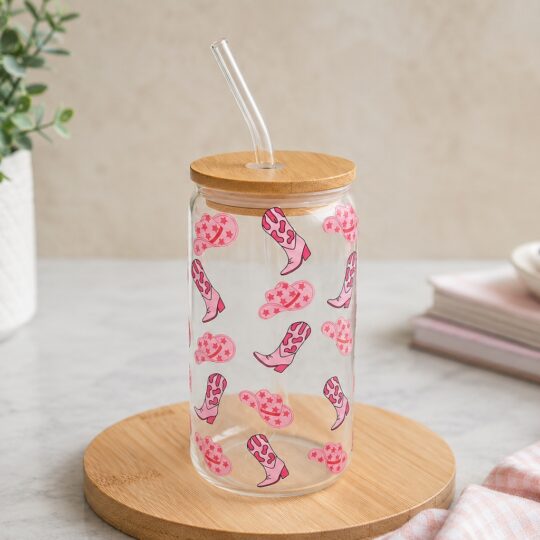 Pink Cowgirl Beer Can Glass with Bamboo Lid & Glass Straw | Western Aesthetic Tumbler