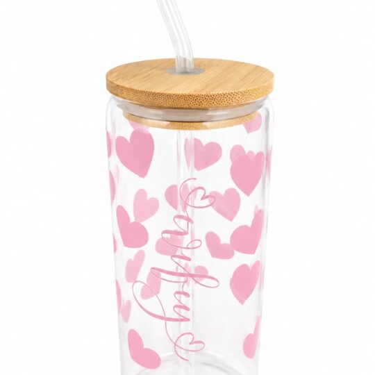 Wifey Beer Can Glass with Bamboo Lid & Glass Straw | Pink Hearts Drinking Glass