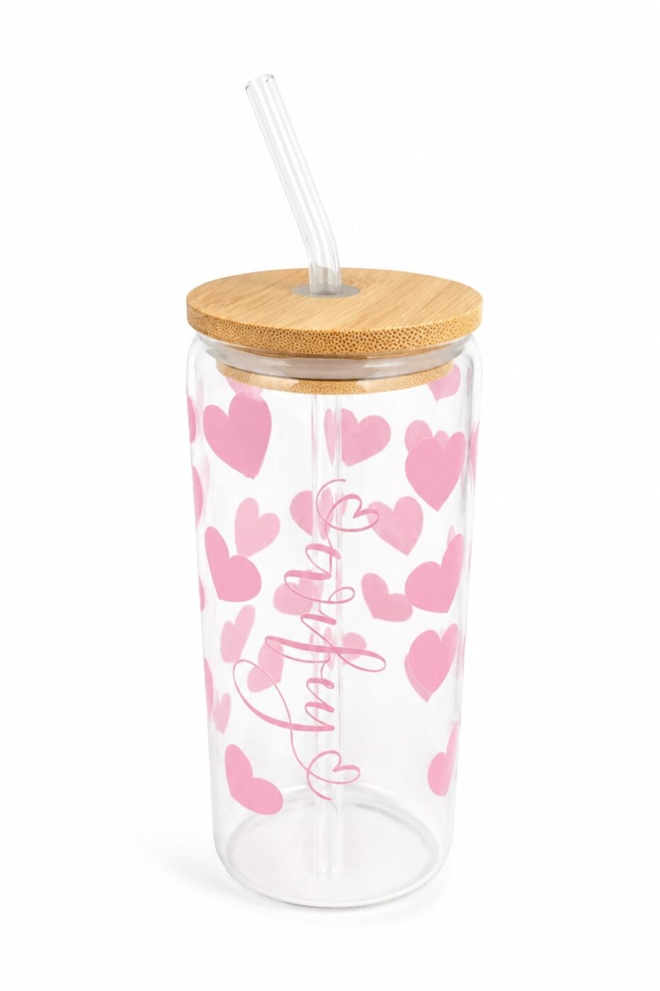 Wifey Beer Can Glass with Bamboo Lid & Glass Straw | Pink Hearts Drinking Glass