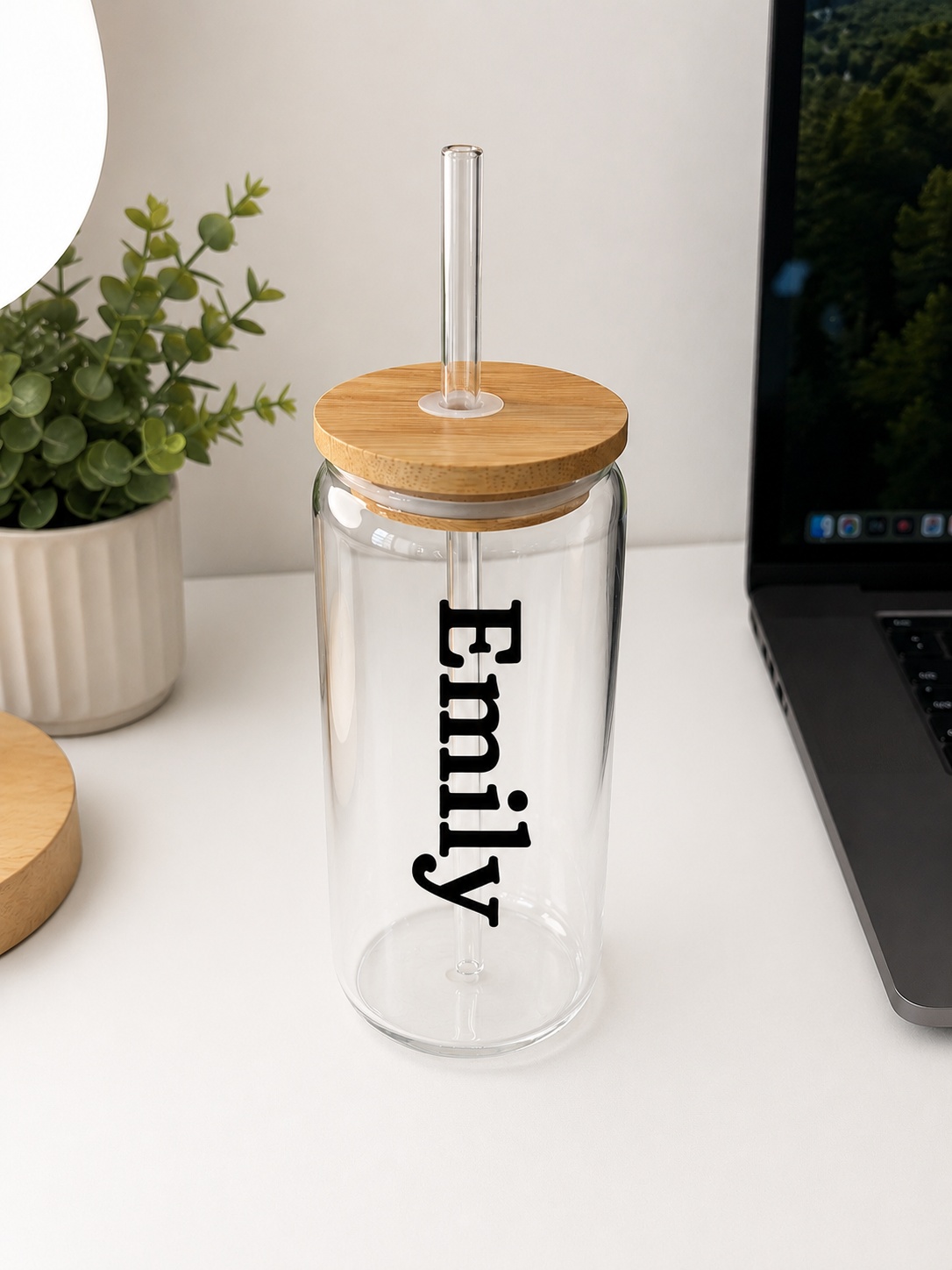 Personalised Glass Can with Bamboo Lid & Straw | Custom Name 16oz Glass Cup UK - Image 3