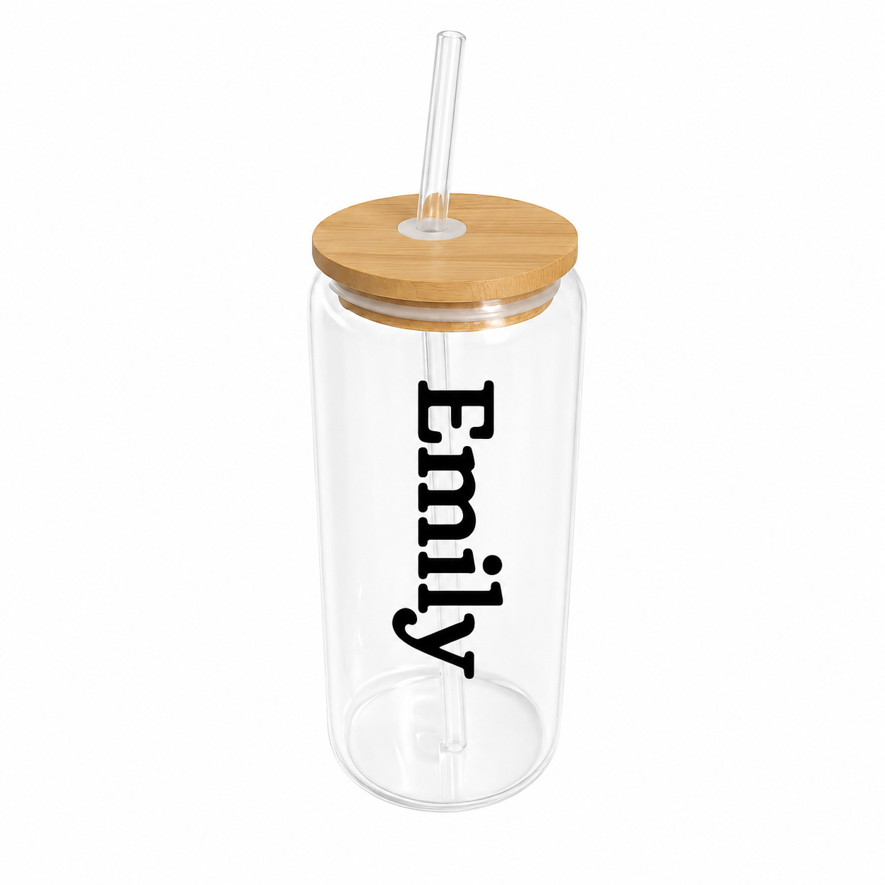 Personalised Glass Can with Bamboo Lid & Straw | Custom Name 16oz Glass Cup UK