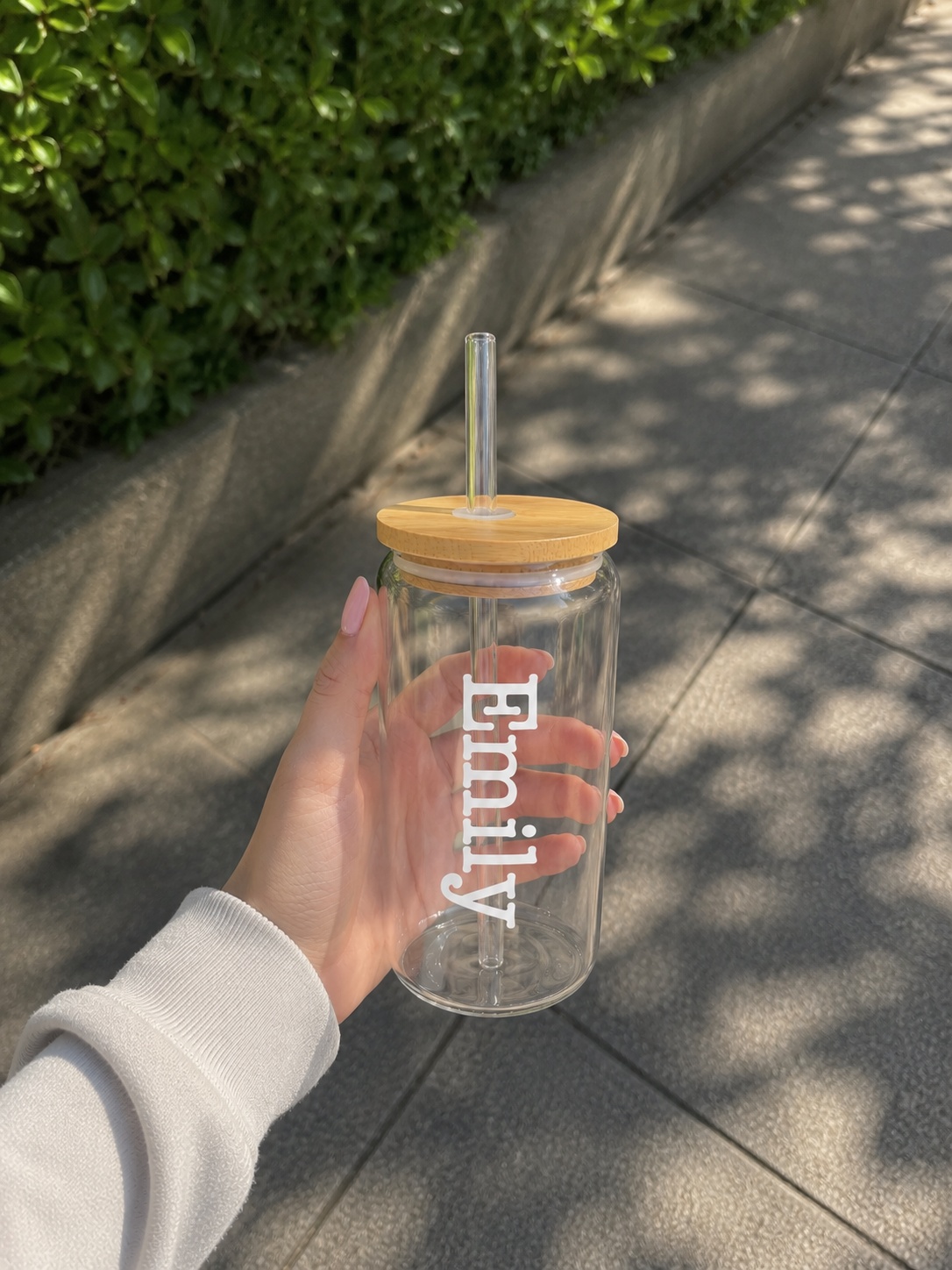 Personalised Glass Can with Bamboo Lid & Straw | Custom Name 16oz Glass Cup UK - Image 2